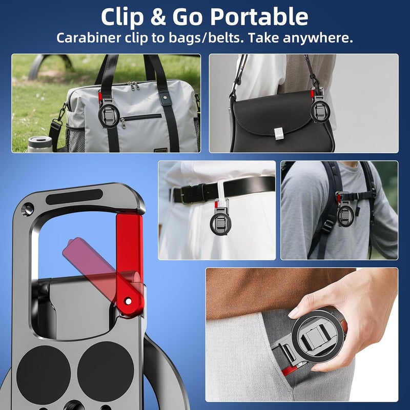 BRDRC Magnetic Phone Mount for MagSafe, Maglock Tripod Adapter Magnet Golf Gym Workout Stand Metal Carabiner Dual Holder with 1/4 Screw Hole, for iPhone 16 15 14 13 12 Series Foldable Portable Accessories - Image 5